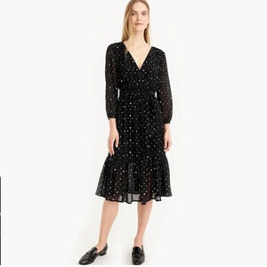 J. Crew Point Sur Dark Cottagecore Faux-Wrap Black White Polka Dot Dress Size 00